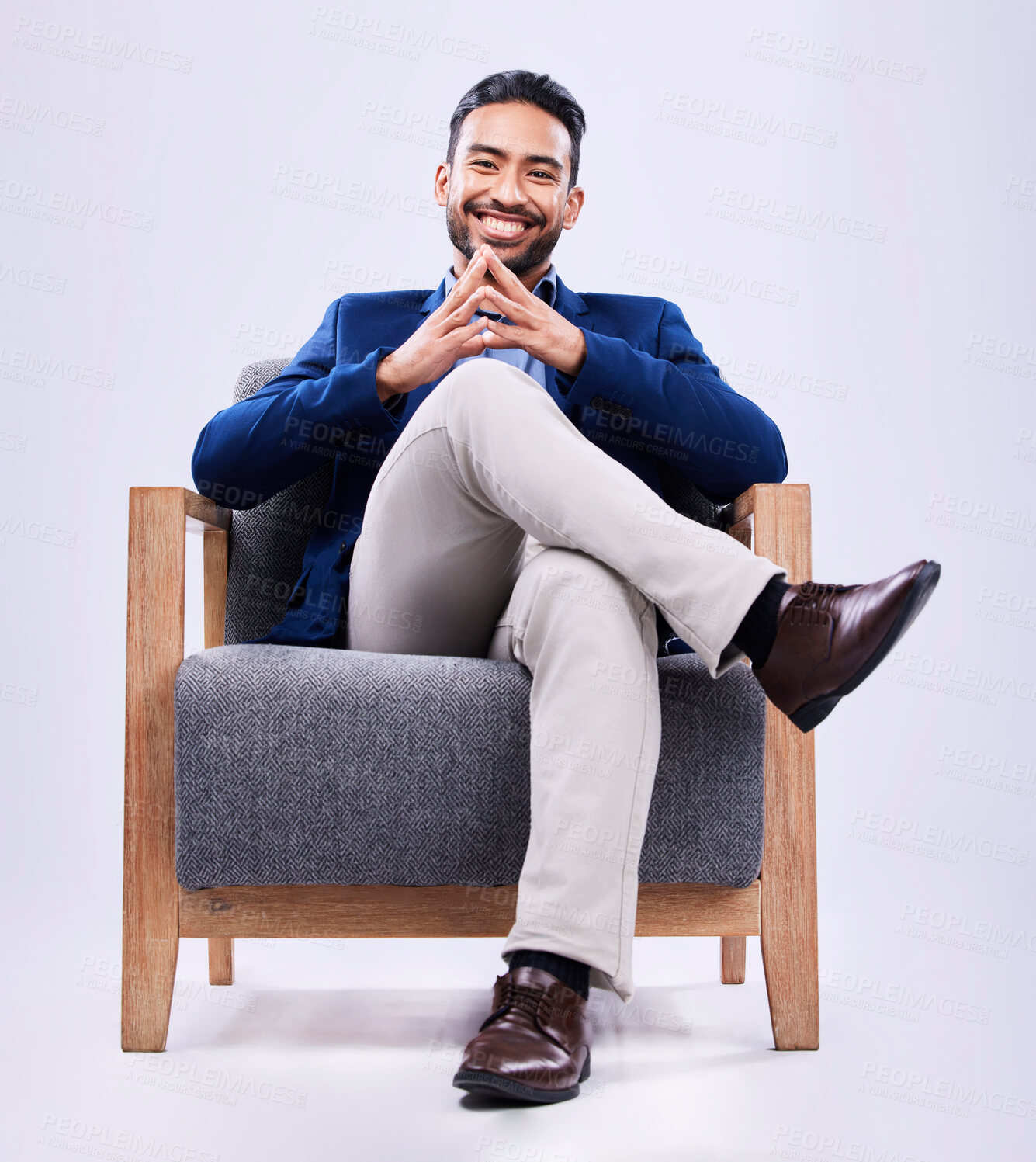 Buy stock photo Portrait, confident and business man on chair in studio isolated on a white background. Professional lawyer, consultant and happy attorney, employee and Mexican worker in corporate suit at law firm