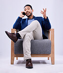 Studio phone call, chair and professional man, real estate agent and business discussion, conversation and networking. Smartphone, communication and sitting realtor contact user on white background