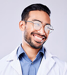 Happy, smile and man doctor in a studio with glasses for vision, eye care and wellness. Pride, confidence and headshot of an Indian male healthcare professional with spectacles by white background.