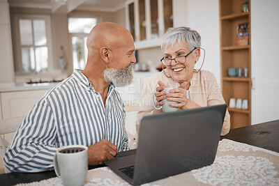 Buy stock photo Laptop, coffee and senior couple in conversation browsing on social media, website or internet. Technology, bond and elderly man and woman in retirement with cappuccino talking with computer at home.