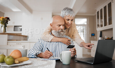 Buy stock photo Home, credit card and senior couple with a laptop, connection or budget planning with retirement, investment or online payment. Love, old man or elderly woman embrace, pc or pension fund with network