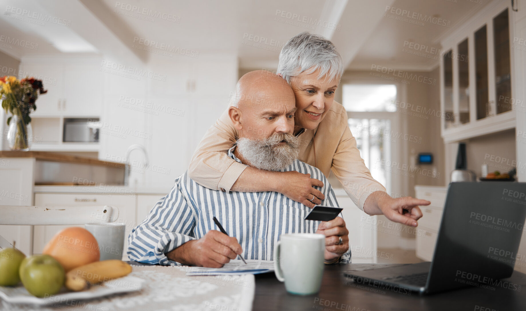 Buy stock photo Home, credit card and senior couple with a laptop, connection or budget planning with retirement, investment or online payment. Love, old man or elderly woman embrace, pc or pension fund with network