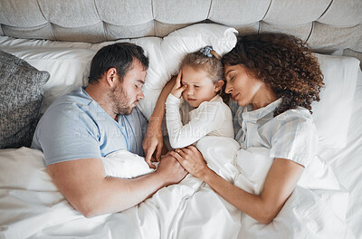 Buy stock photo Top view, family and parents with child in bed for bonding, healthy relationship and sleeping at home. Morning, love and above of mother, father and girl in bedroom asleep for comfort, cuddle or love