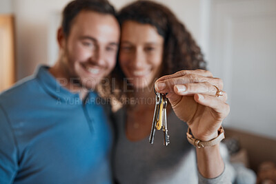 Buy stock photo Hand, success or happy couple with house keys in real estate, property investment or buying apartment. New home blur, goal or excited man with smile or woman to celebrate moving in flat together 