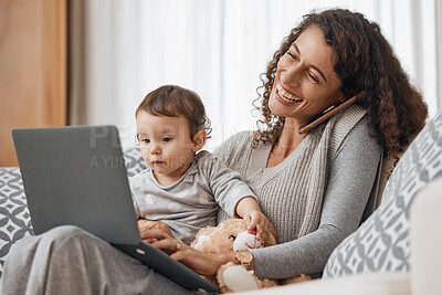 Buy stock photo Laptop, baby or mom on a phone call to relax in home sofa in conversation or communication. Smile, multitasking or happy single parent laughing, talking or speaking on mobile with a child or kid