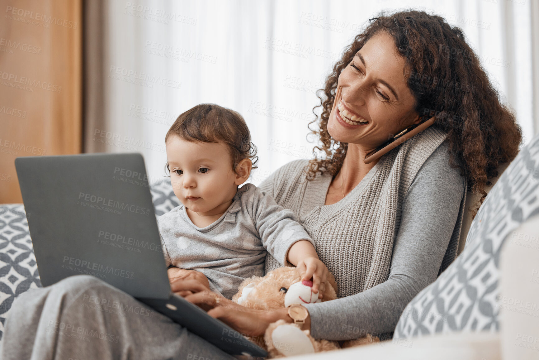 Buy stock photo Laptop, baby or mom on a phone call to relax in home sofa in conversation or communication. Smile, multitasking or happy single parent laughing, talking or speaking on mobile with a child or kid