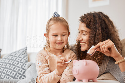 Buy stock photo Mother, child learning or piggy bank with savings, profit or  money for education in home living room. Euros, smile or happy mom teaching kid with cash box, financial investment or budget growth 