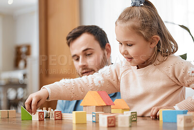 Buy stock photo Building blocks, toys and girl playing with dad in living room for education, development and learning through creative games. Montessori, child and father bonding with kid in family home lounge