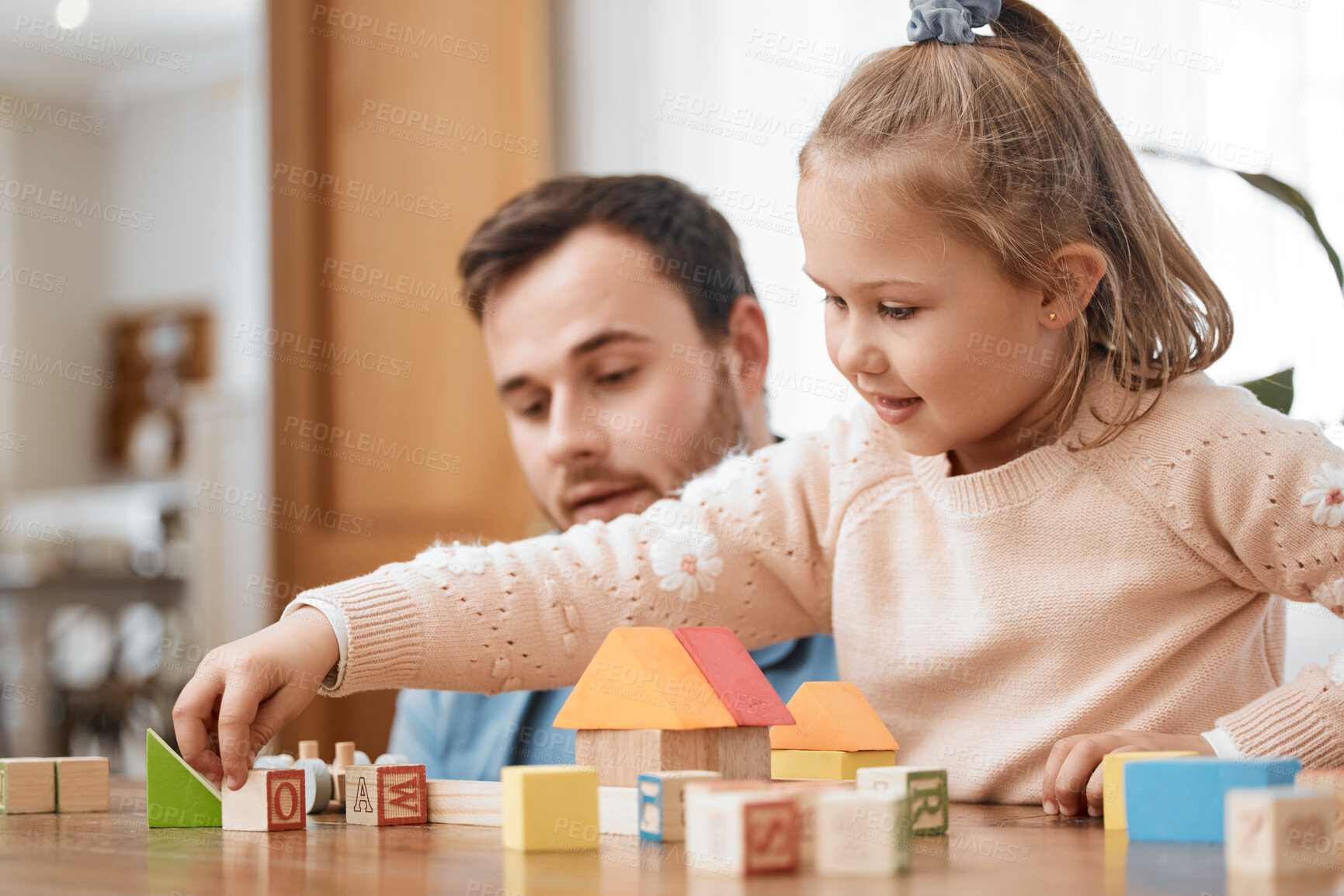 Buy stock photo Building blocks, toys and girl playing with dad in living room for education, development and learning through creative games. Montessori, child and father bonding with kid in family home lounge