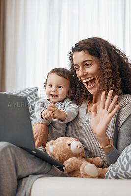 Buy stock photo Happy, baby or mother laptop video call in house or home living room in conversation or communication. Smile, wave hello or excited mom with child speaking or talking on technology or social network