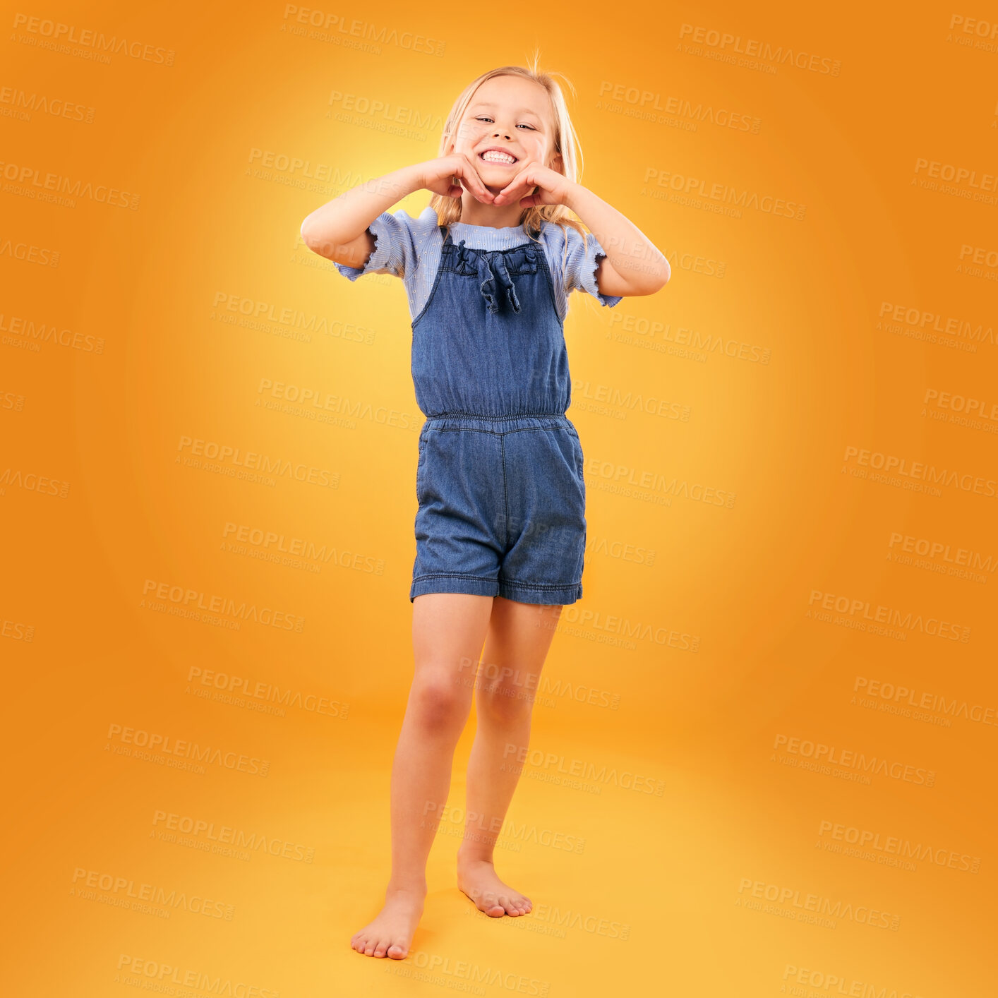 Buy stock photo Fashion, smile and portrait of girl on orange background with happiness, joy and excited in studio. Canada, childhood and face of young, confident and cute child in casual outfit, style and clothes