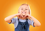 Happy, smile and portrait of child on orange background with happiness, joy and excited in studio. Fashion, childhood and hands on face of girl in trendy outfit, adorable style and summer clothes