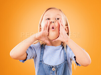 Buy stock photo Face, news and girl child in studio with announcement, message or screaming information on orange background. Shout, deal and kid with hand emoji gesture for voice, opinion or choice, gossip or promo