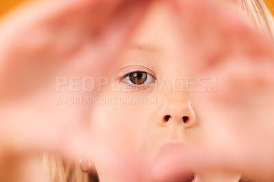 Buy stock photo Girl kid, triangle hands and studio portrait with shock, excited and sign language by yellow background. Female child, pyramid icon and face with frame, wow and closeup for diamond, symbol or emoji