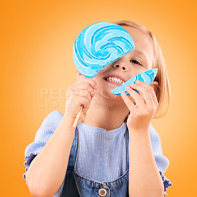 Buy stock photo Broken lollipop, candy and a child in studio for sweets, color spiral or sugar for energy. Portrait of happy girl kid on orange background excited about eating snack, dessert or unhealthy food