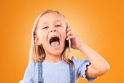 Buy stock photo Girl, kid and portrait with phone call, smile and conversation on a yellow studio background. Face, person and child with a smartphone, connection and communication with happiness, network or talking