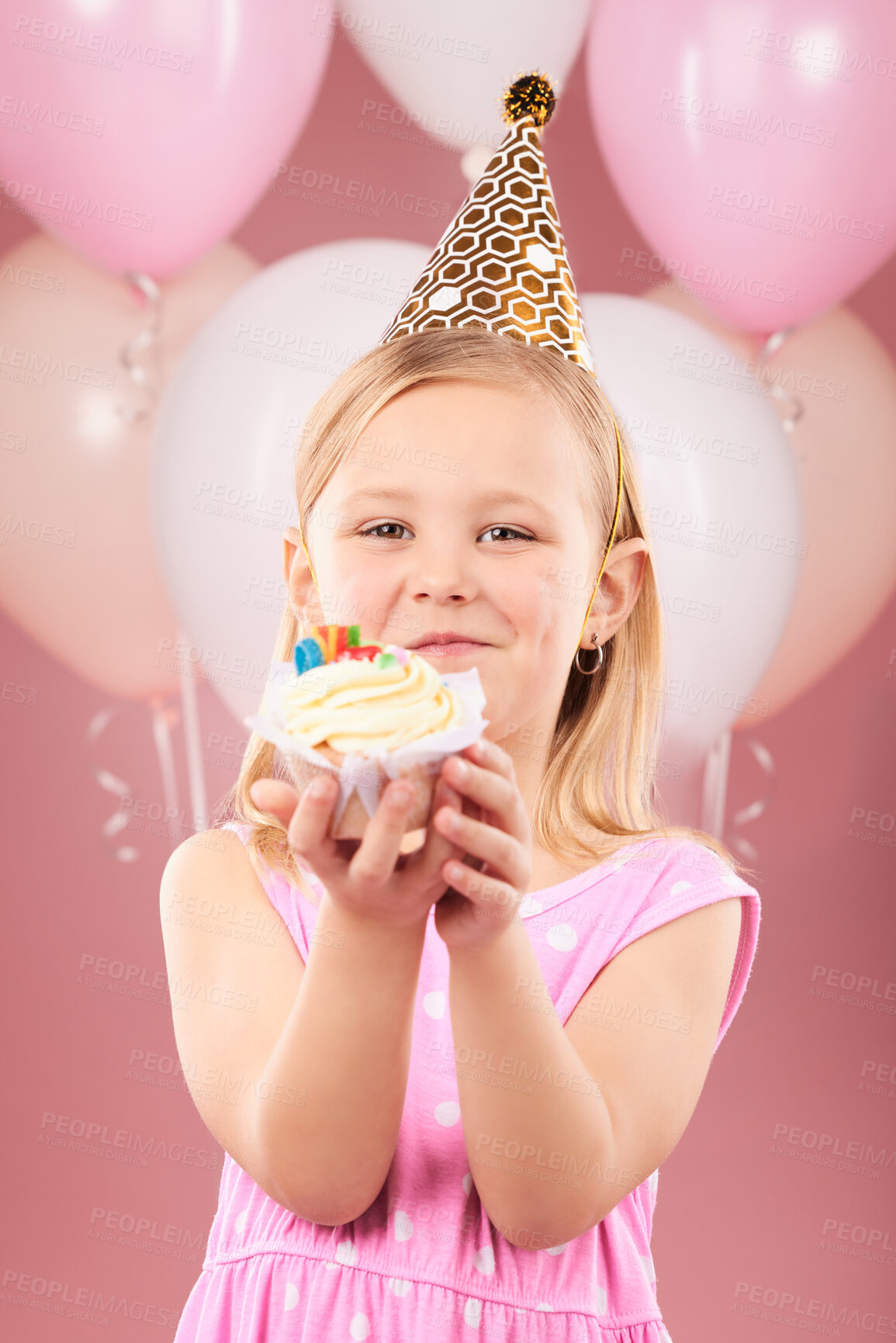 Buy stock photo Balloons, birthday and portrait of child with cupcake for holiday, happy celebration and fun party. Young girl kid on a pink background for surprise, cake or celebrate achievement with a dessert