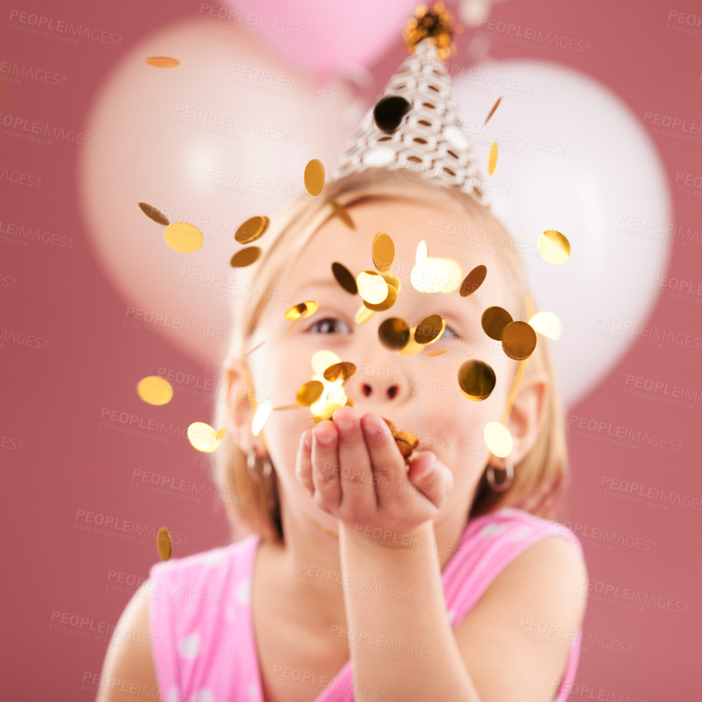 Buy stock photo Balloons, birthday and girl with confetti on pink background for party, celebration and special day. Happy, excited and young child with decoration for magic, wonder and glitter for event in studio