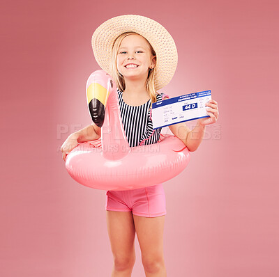 Buy stock photo Travel, portrait and girl child with passport in studio for summer vacation or holiday on pink background. Face, ticket or kid with boarding pass, flight or traveling documents for airport compliance