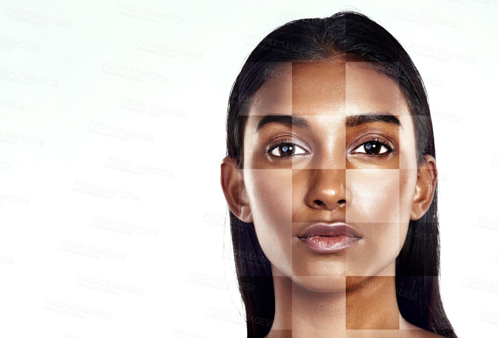 Buy stock photo Portrait, beauty and skincare transformation with a woman in studio isolated on white background. Skin, mockup and facial recognition with a model scanning her face for change or makeup innovation