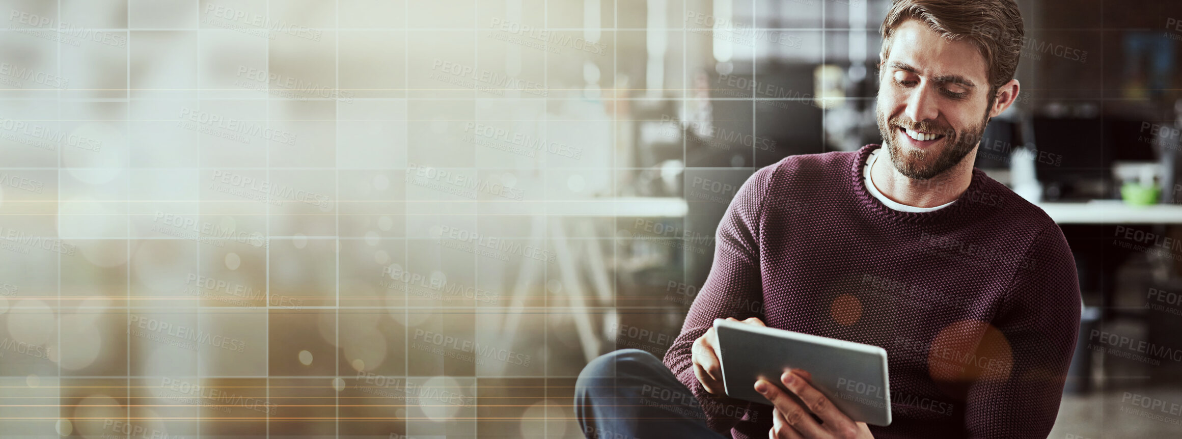 Buy stock photo Entrepreneur, smile and man with a tablet, typing and connection with overlay, website information and email notification. Person, consultant and employee with technology, social media and internet
