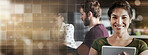 Business, overlay and woman with a tablet, portrait and connection with website information, search internet and email notification. Person, copywriting and employee with technology and social media