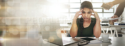 Buy stock photo Headache, burnout and banner of business woman on bokeh background mockup space on lens flare. Stress, anxiety and challenge of person, financial crisis and tired of fatigue, overworked and mistake