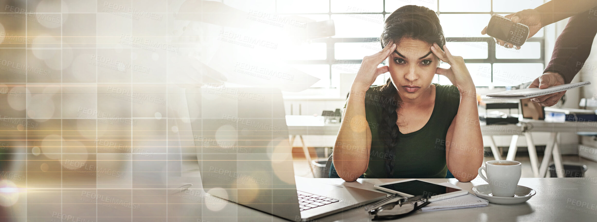 Buy stock photo Headache, burnout and banner of business woman on bokeh background mockup space on lens flare. Stress, anxiety and challenge of person, financial crisis and tired of fatigue, overworked and mistake