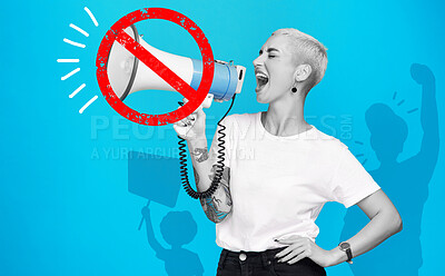 Buy stock photo Censorship, megaphone or woman in protest with announcement or voice on blue background. Silence, stop cancel culture or angry person in rally with news, speech or speaking on opinion on speaker 