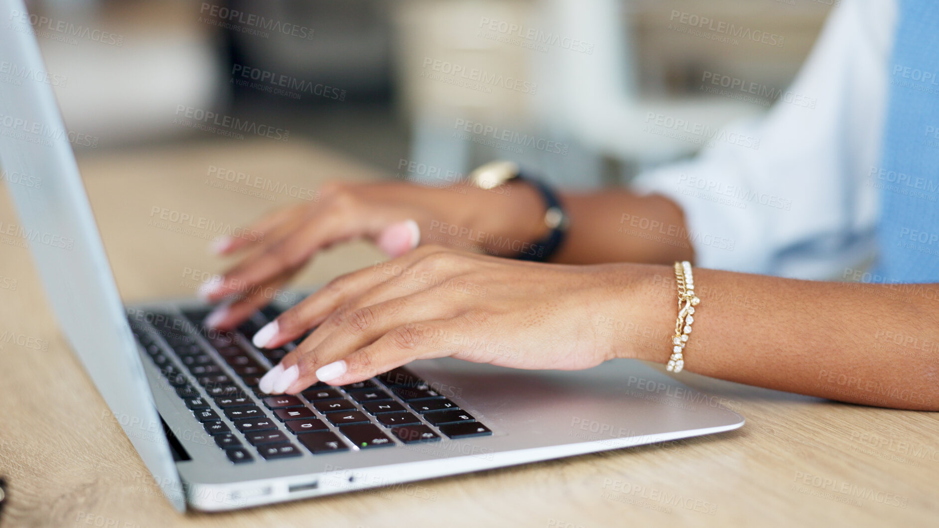 Buy stock photo Hands of woman in office with laptop, typing email or online report on business feedback on website at desk. Networking, communication and technology, businesswoman with computer on internet research