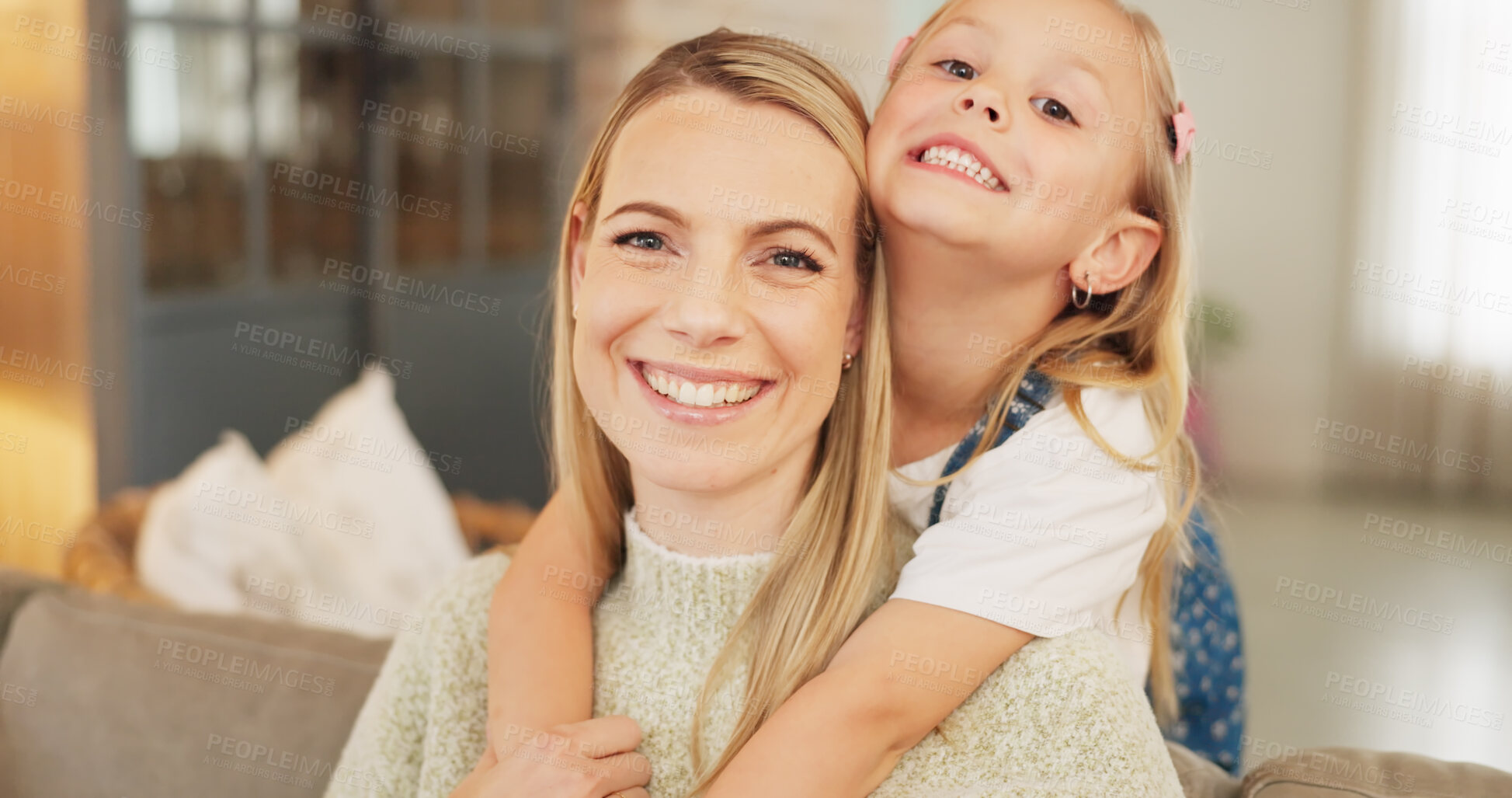 Buy stock photo Portrait, hug and mother with girl child on a sofa with care, happy and bond in family home. Smile, face and mom with cute kid in a living room relax with love, trust and support or piggyback games