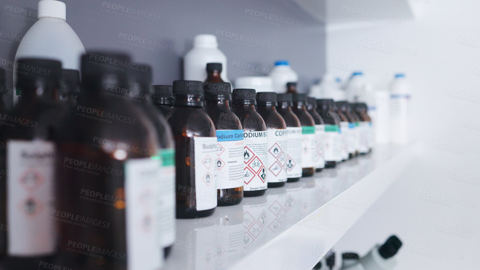 Buy stock photo Research, pharmaceutical chemical and bottle on shelf in laboratory with medical warning label, science and cure. Healthcare, medicine and innovation in manufacturing of poison antidote and vaccine