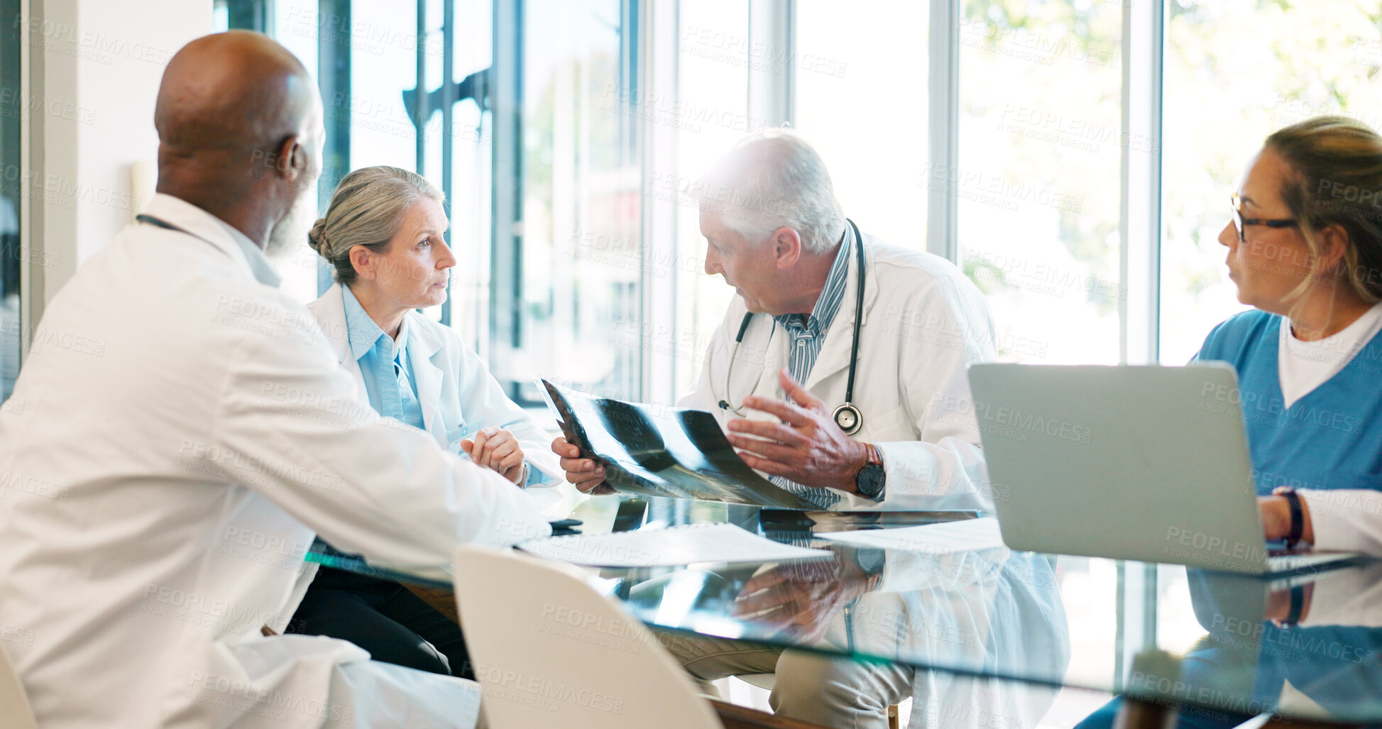 Buy stock photo Xray, meeting and doctors collaboration on healthcare and results, MRI scan or anatomy assessment. Hospital, group and medical team, nurses or neuro surgeon teamwork discussion on radiology research