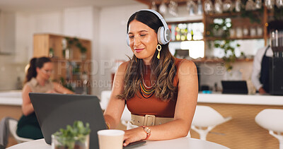 Buy stock photo Laptop, freelance and woman in coffee shop with headphones, online research career and smile. Communication, technology and remote work, happy girl in cafe at computer, virtual assistant and internet