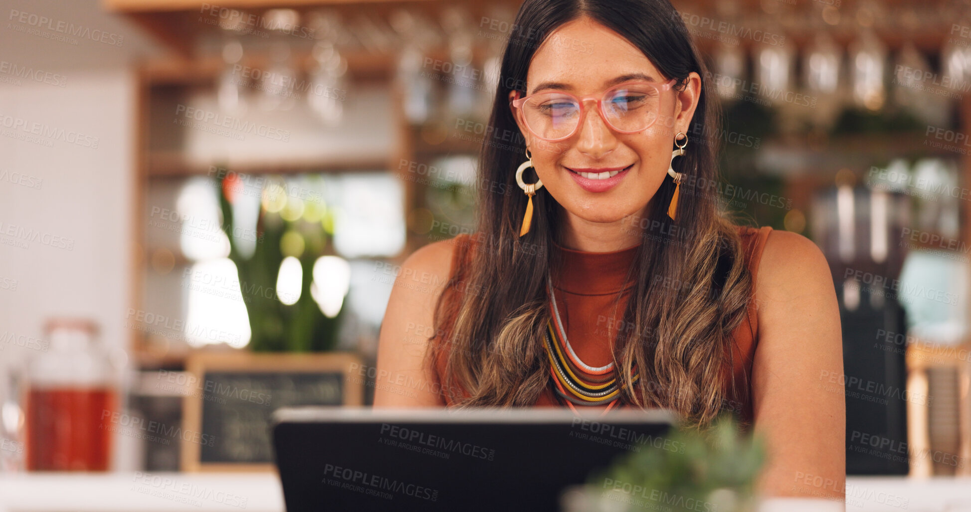 Buy stock photo Laptop, freelance and woman in coffee shop with glasses, online research career and smile. Communication, technology and remote work, happy girl in cafe at computer, virtual assistant and reflection.