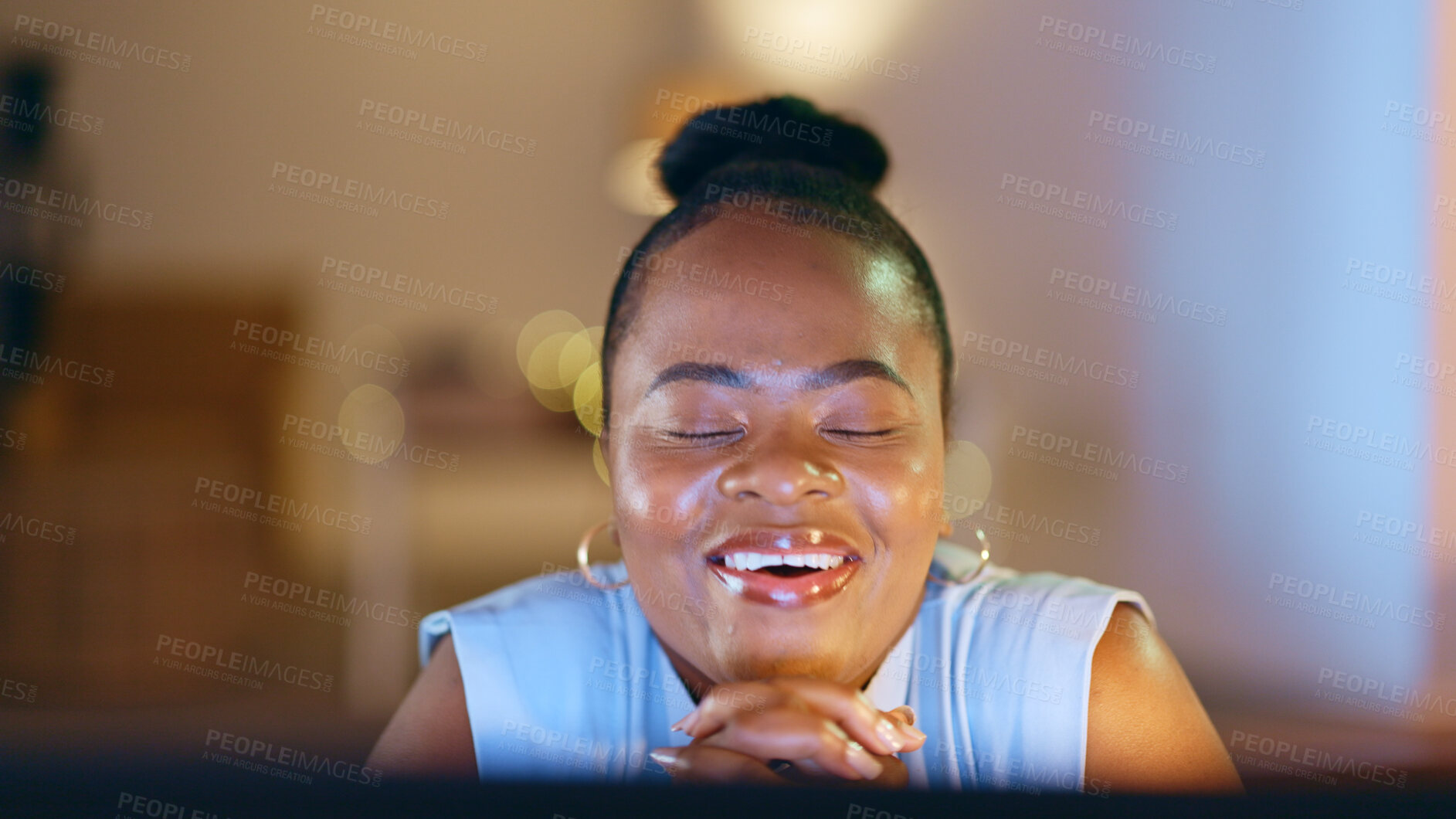 Buy stock photo Happy woman, hands and think at night for business, work and hope on face. African person, entrepreneur and consultant with excitement, feeling joy or pray for news in office on bokeh background