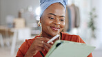 Black woman, tablet and smile for schedule, planning or digital notes for marketing, research or advertising at office. Happy African American female working on touchscreen or mobile app for strategy