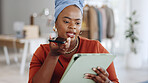 Phone call, office and business woman in discussion while doing research for a corporate project. Cellphone, professional and African female employee on a mobile conversation in the modern workplace.