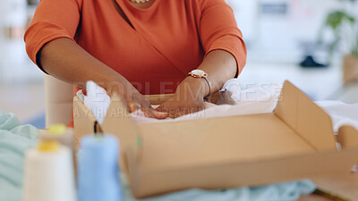 Buy stock photo Hands, box and person packaging product, store delivery or retail distribution shipping, export or courier mail. Logistics, cardboard container or closeup small business owner working on supply chain