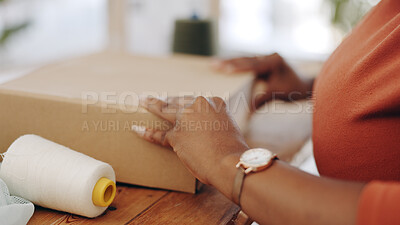 Buy stock photo Ecommerce hands, cardboard box and person packaging product, commercial service or distribution shipment, order or parcel. Logistics startup, sales stock or closeup employee on supply chain industry