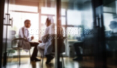 Buy stock photo Blurred, doctors and team meeting in hospital for surgery planning, wellness and future healthcare collaboration. Ai generated, people and medical nurses in boardroom blur for teamwork discussion