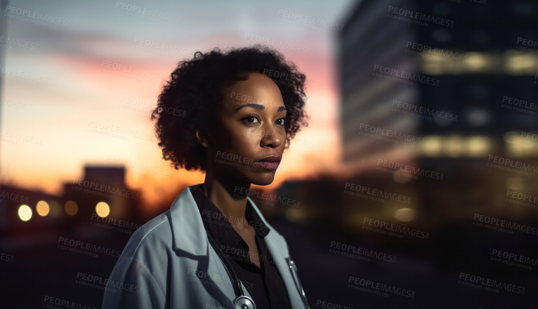 Buy stock photo Woman, face and thinking doctor at night in city for wellness future, planning and vision ideas at sunset. Ai generated, serious and African healthcare worker standing in urban town at sunrise