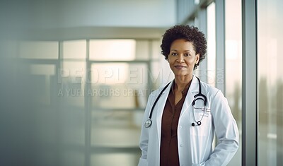 Buy stock photo Black woman, doctor and portrait in hospital with trust, confidence and smile in medical clinic for professional about us. African gp face, happy or ai generated healthcare worker on space