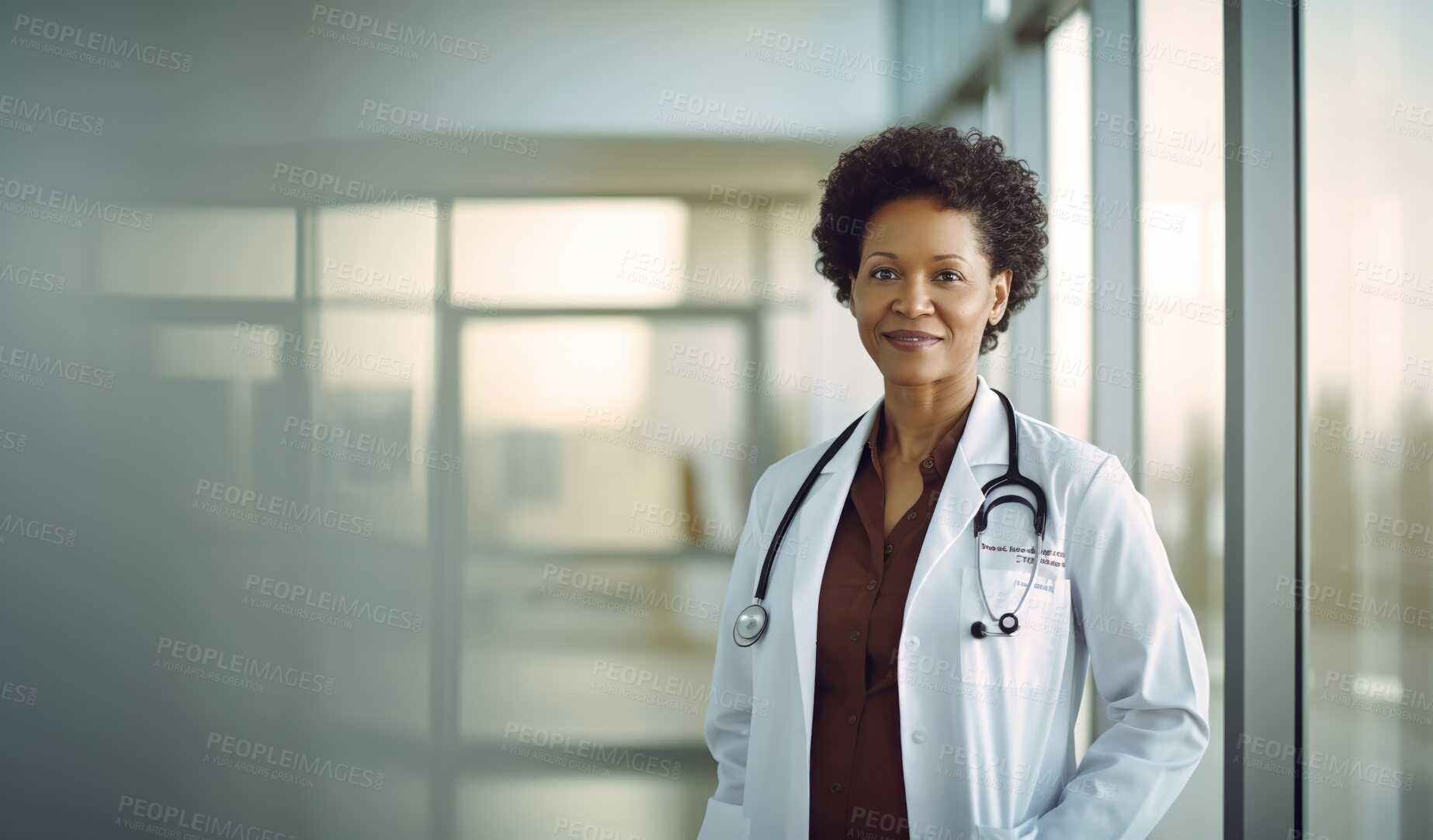 Buy stock photo Black woman, doctor and portrait in hospital with trust, confidence and smile in medical clinic for professional about us. African gp face, happy or ai generated healthcare worker on space