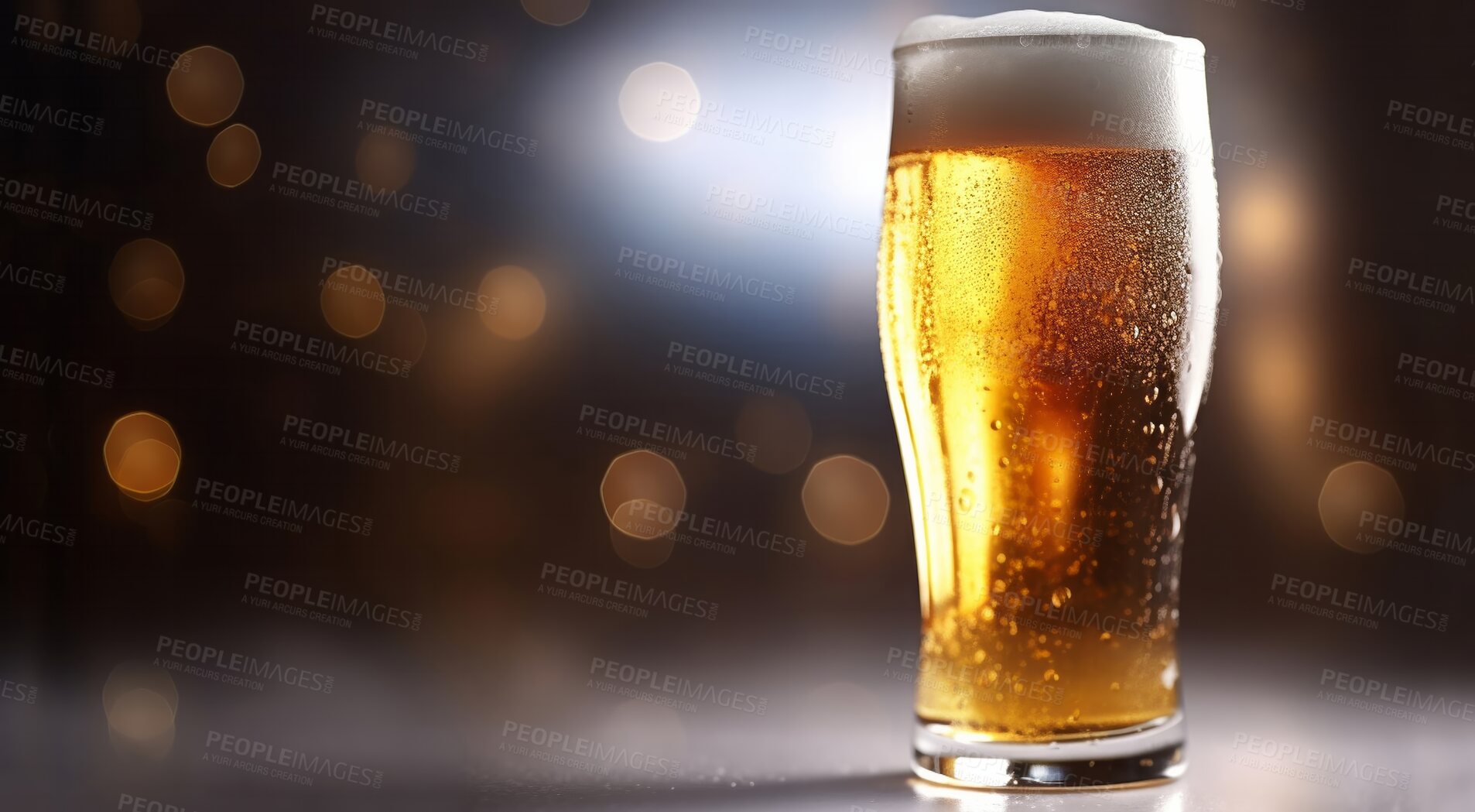 Buy stock photo Closeup drink, beer and alcohol glass on table in night club, restaurant and party for celebration, new year and evening event. Ai generated, pint and draught beverage isolated on bokeh mockup space