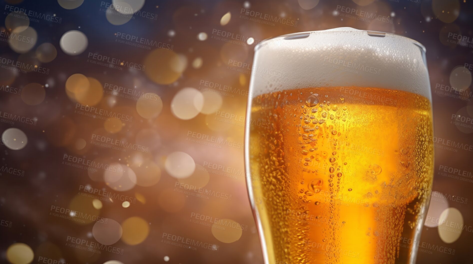 Buy stock photo Closeup foam, beer and alcohol glass on table in night club, restaurant and party for celebration, new year and evening event. Ai generated, pint and draught beverage isolated on bokeh mockup space