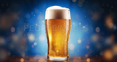 Buy stock photo Closeup, beer and alcohol glass on table with foam in night club, restaurant and party for celebration, new year and late event. Ai generated, pint and draught beverage isolated on bokeh mockup space