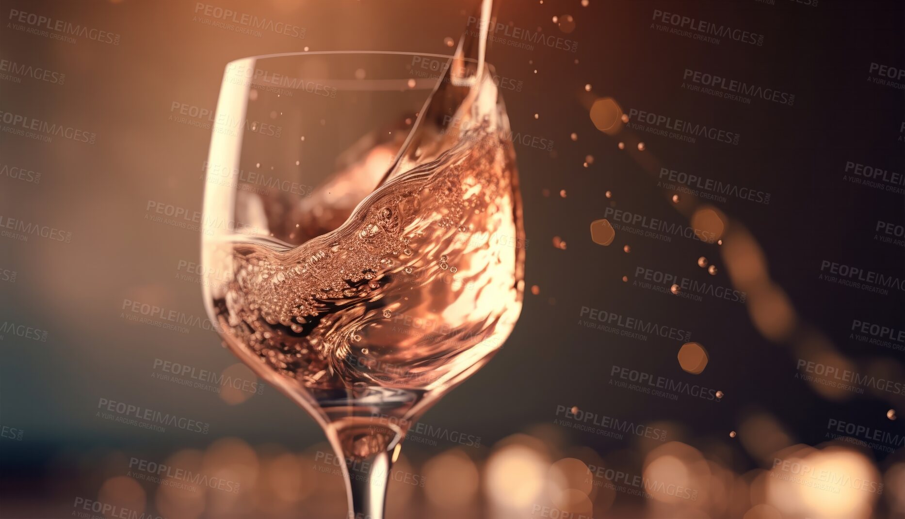 Buy stock photo Closeup, pouring or rose in glass on table in night club, restaurant and party for celebration, new year and late event. Ai generated, drink and luxury alcohol beverage isolated on bokeh mockup space