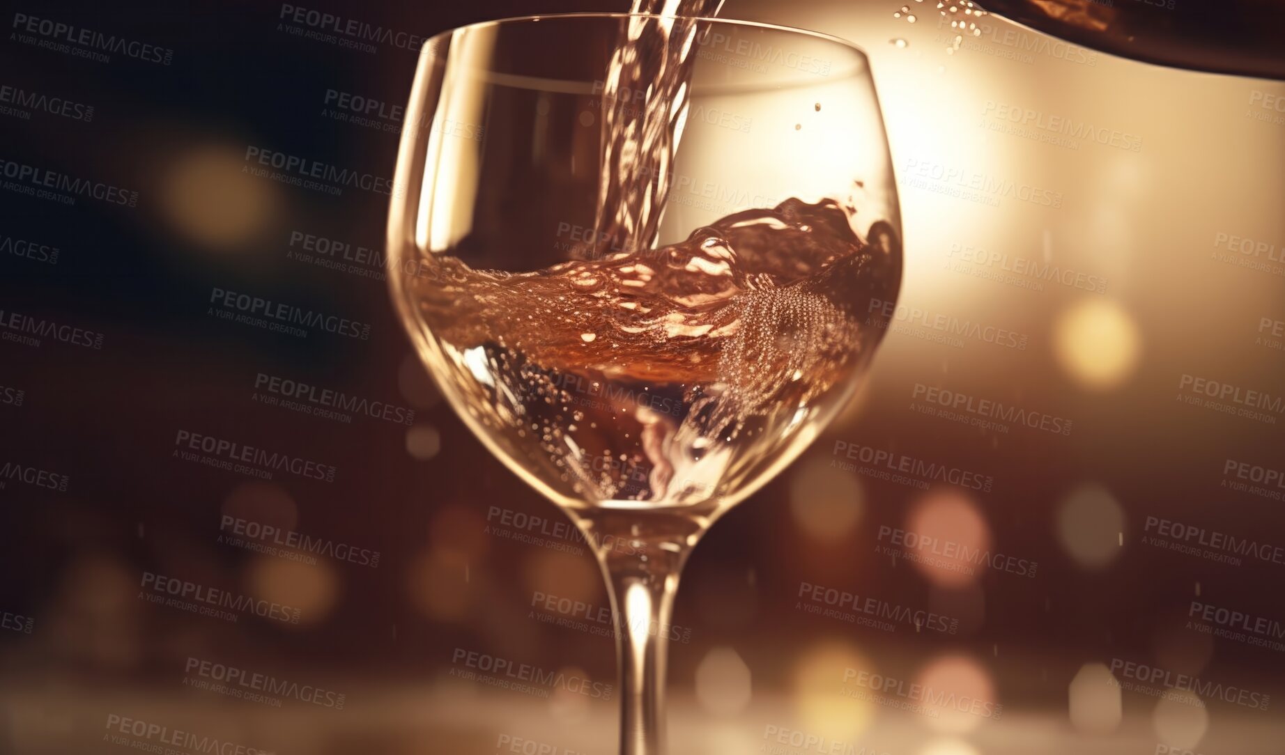 Buy stock photo Closeup, pouring or rose in alcohol glass on table in night club, restaurant and party for celebration, new year and late event. Ai generated, drink and luxury beverage isolated on bokeh mockup space