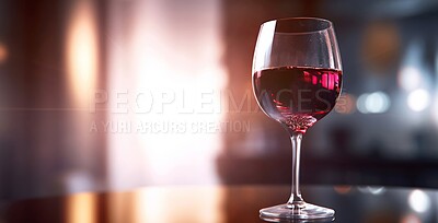 Buy stock photo Red wine, closeup and drinks glass on bar table in a restaurant, night club and party for celebration, new year and evening event. Ai generated, alcohol or pinot noir isolated on bokeh mock up space